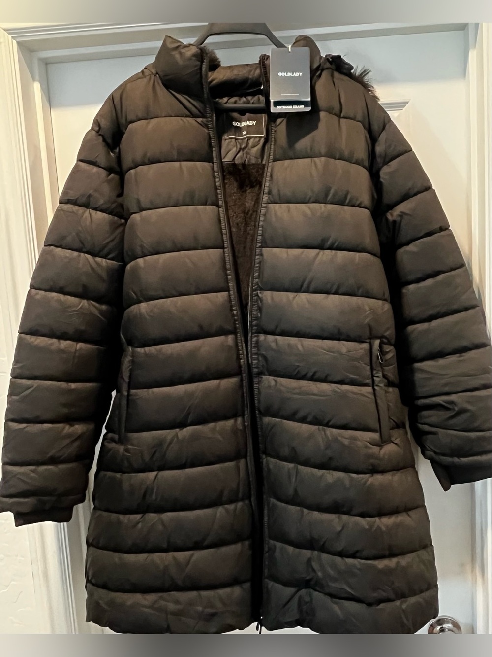 Women’s Black Hooded Long Puffer Coat with Faux Fur Trim - Picture 3 of 5